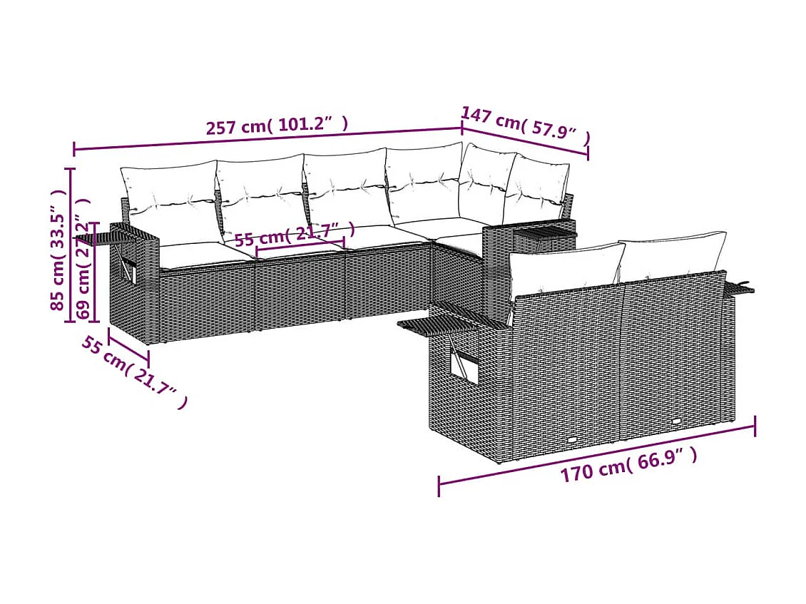 7-tlg. Garten-Sofagarnitur mit Kissen Hellgrau Poly Rattan