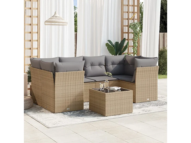 Set sofás de jardín 7 piezas y cojines ratán sintético beige
