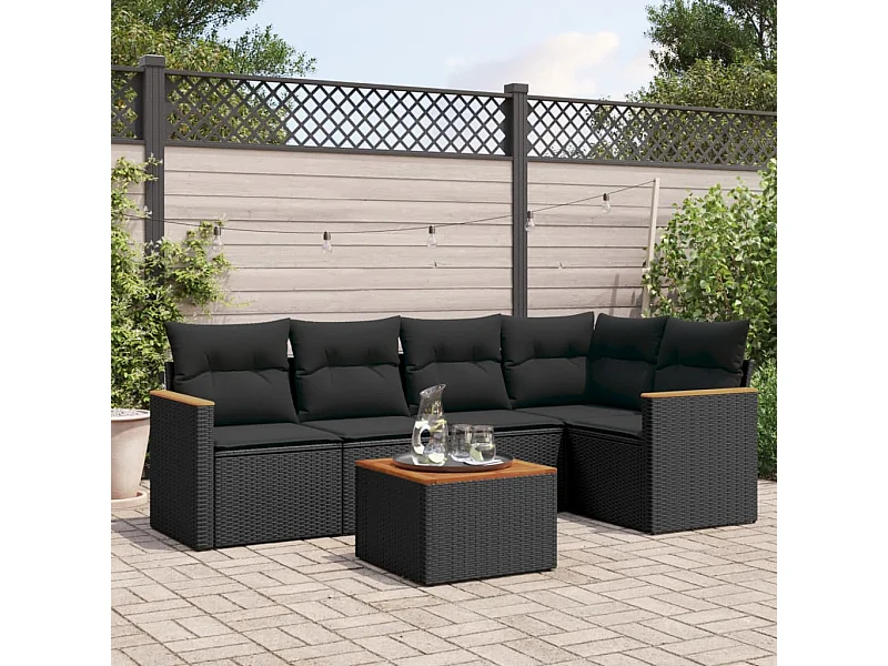 6-tlg. Garten-Sofagarnitur mit Kissen Schwarz Poly Rattan