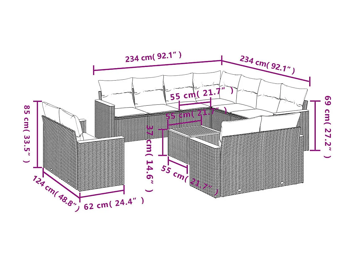 12-tlg. Garten-Sofagarnitur mit Kissen Schwarz Poly Rattan