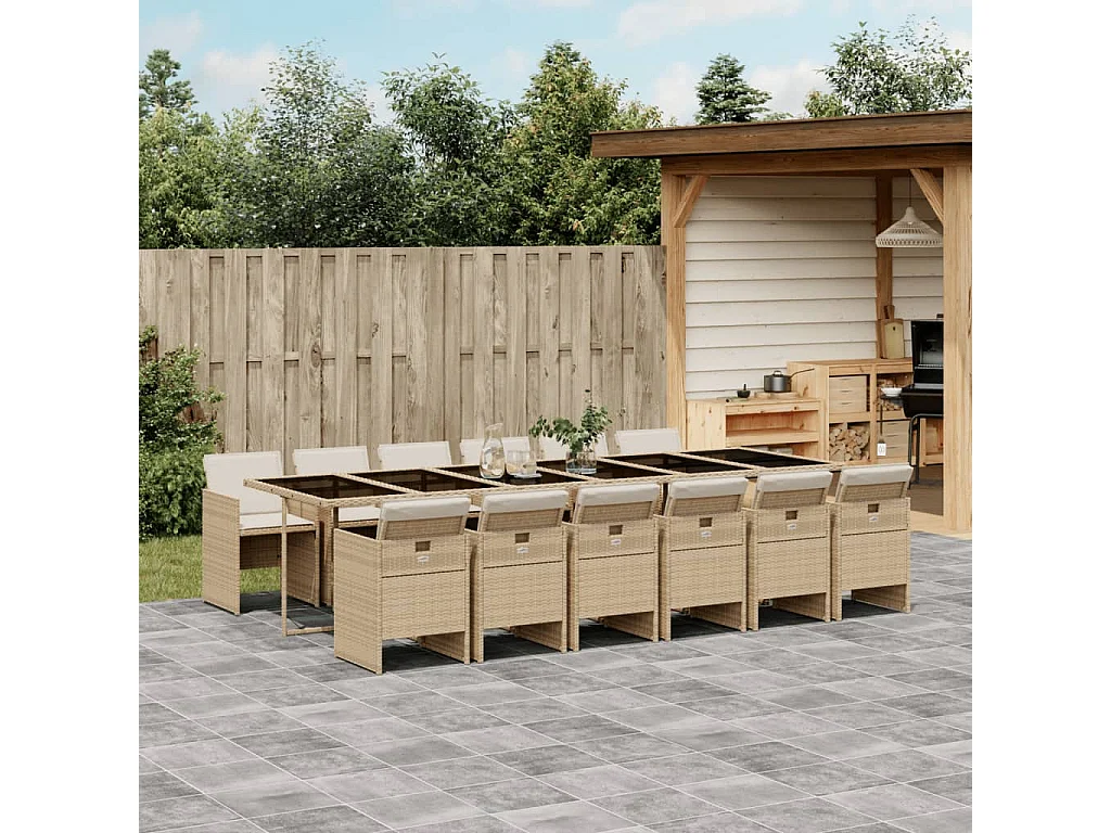 13-tlg. Garten-Essgruppe mit Kissen Beige Poly Rattan