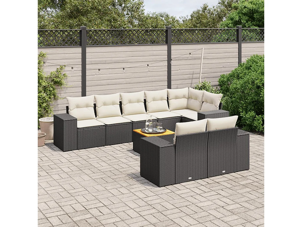 Salon de jardin 9 pcs avec coussins noir résine tressée