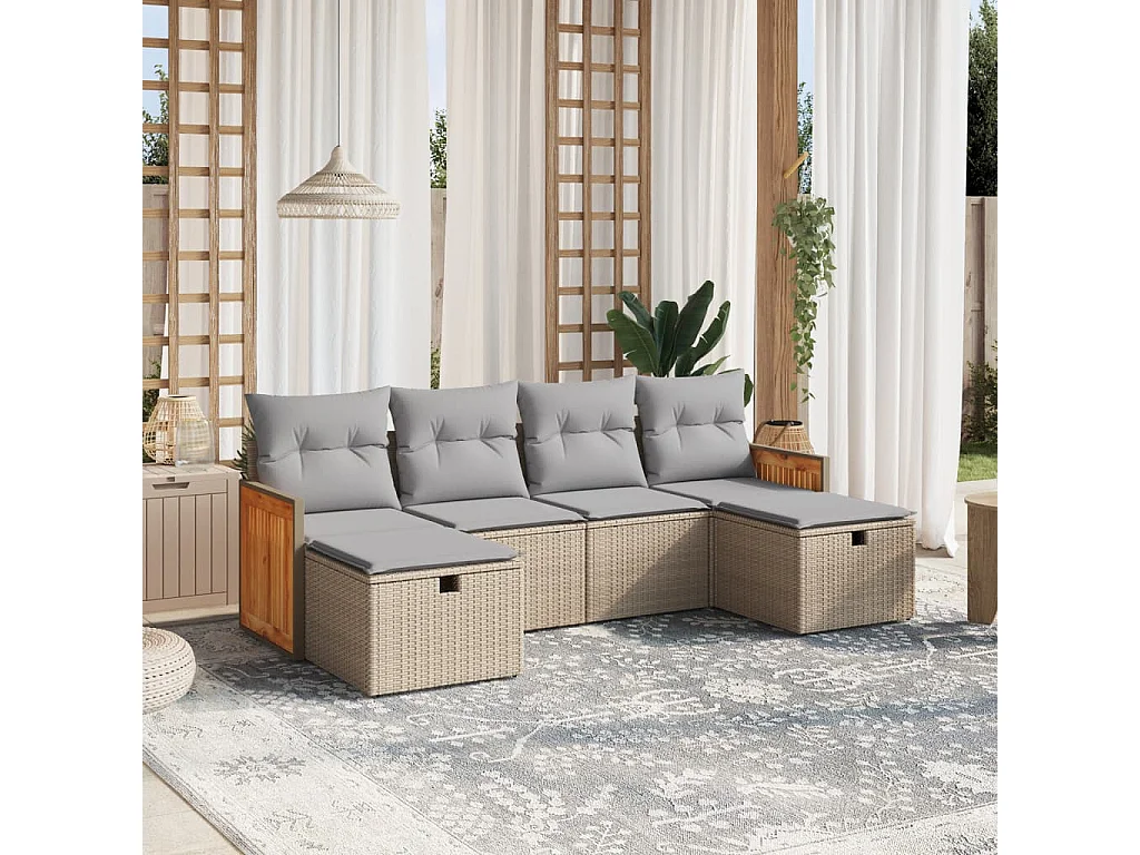 6 pcs conj. sofás jardim c/ almofadões vime PE bege misturado