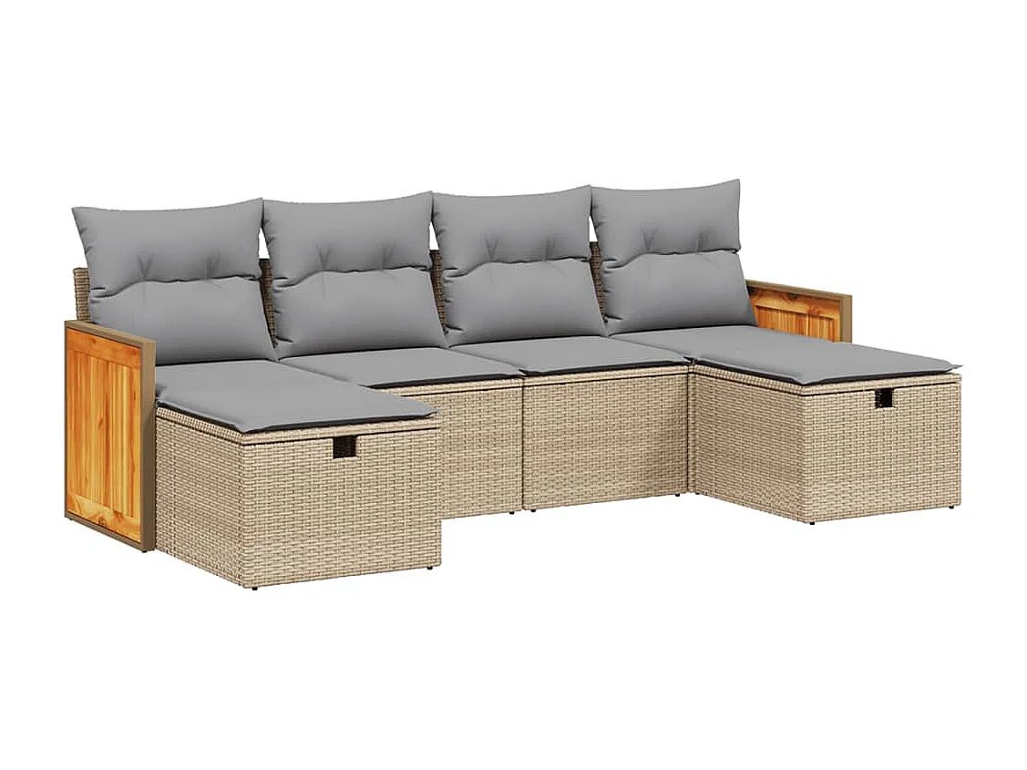 6 pcs conj. sofás jardim c/ almofadões vime PE bege misturado