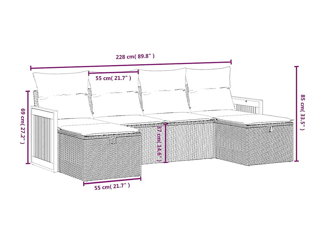 6 pcs conj. sofás jardim c/ almofadões vime PE bege misturado