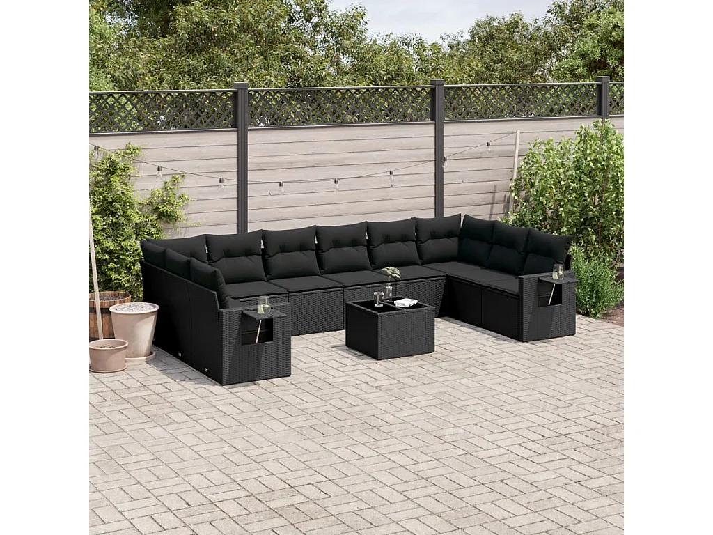 Set Divani da Giardino 11 pz con Cuscini in Polyrattan Nero