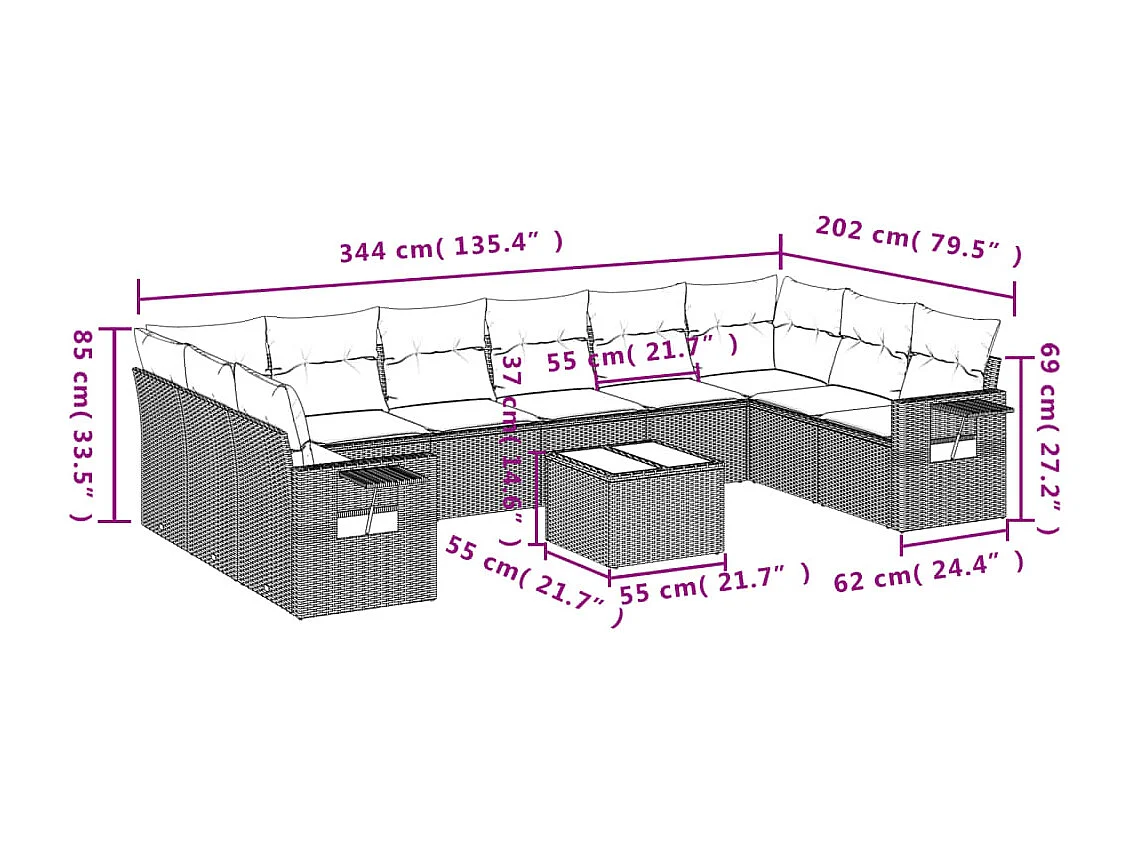 Set Divani da Giardino 11 pz con Cuscini in Polyrattan Nero