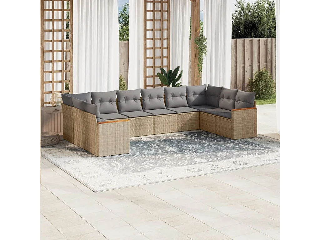 10-delige Loungeset met kussens poly rattan beige