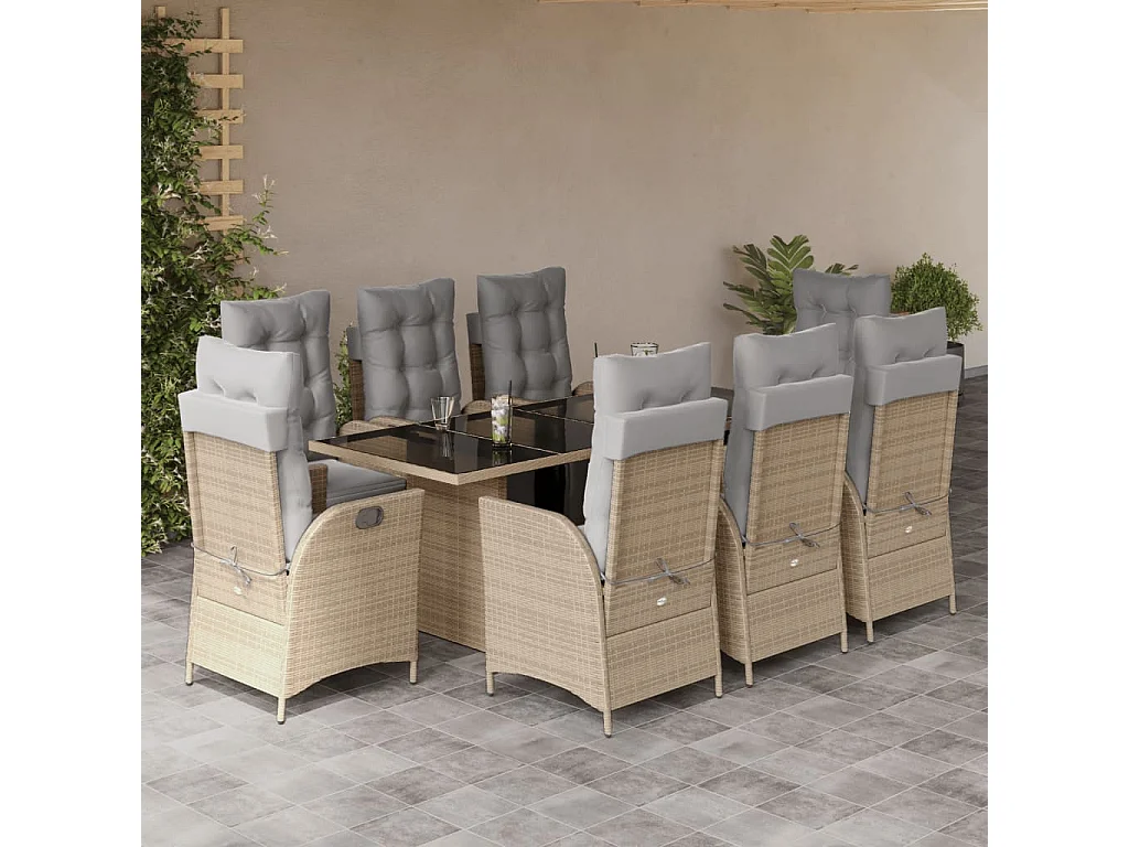 Set Pranzo da Giardino 9 pz con Cuscini Beige Misto Polyrattan