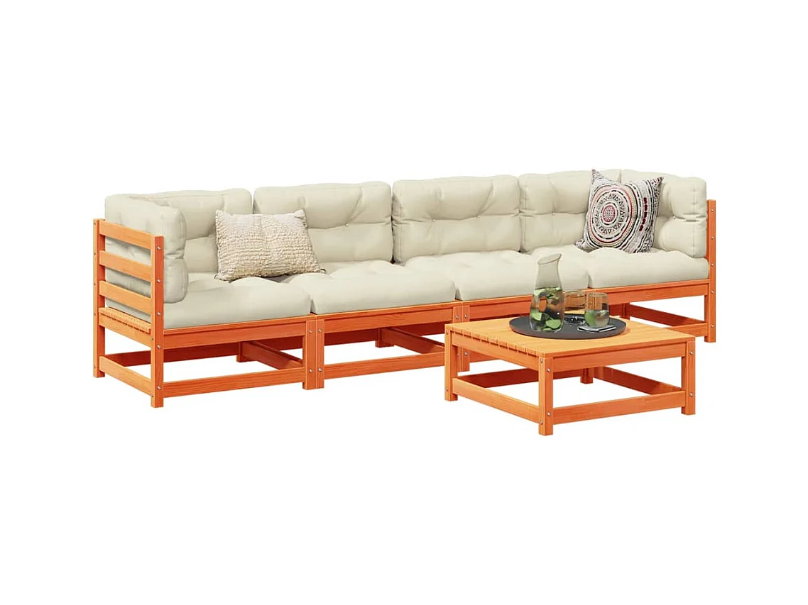 Set Divani Giardino 5pz con Cuscini Marrone Cera Massello Pino