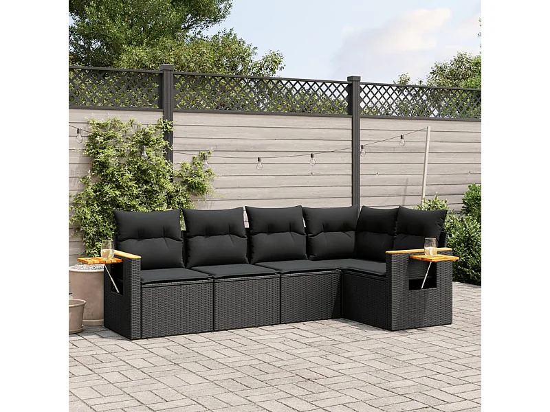 5-tlg. Garten-Sofagarnitur mit Kissen Schwarz Poly Rattan