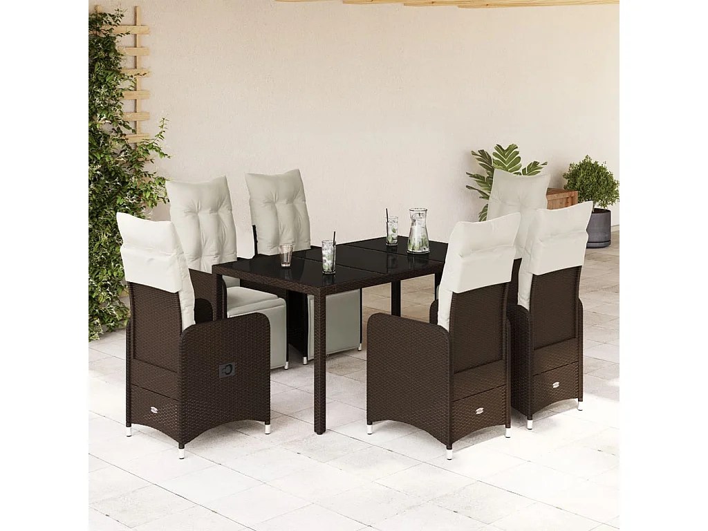 Ensemble de bistro de jardin 7 pcs coussins marron poly rotin