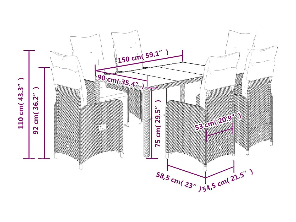 Ensemble de bistro de jardin 7 pcs coussins marron poly rotin