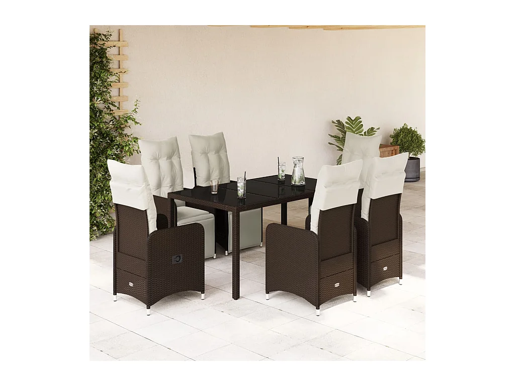 Ensemble de bistro de jardin 7 pcs coussins marron poly rotin