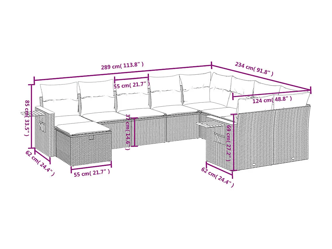 10-tlg. Garten-Sofagarnitur mit Kissen Schwarz Poly Rattan
