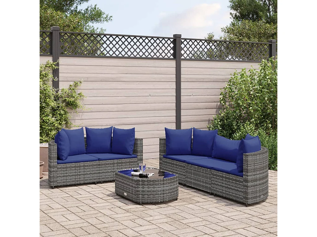 Salon de jardin 6 pcs avec coussins gris résine tressée