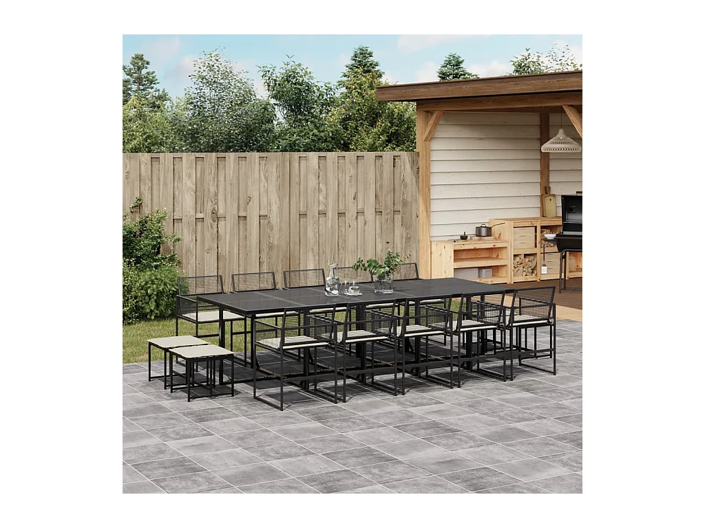 Ensemble à manger de jardin 15 pcs coussins noir résine tressée