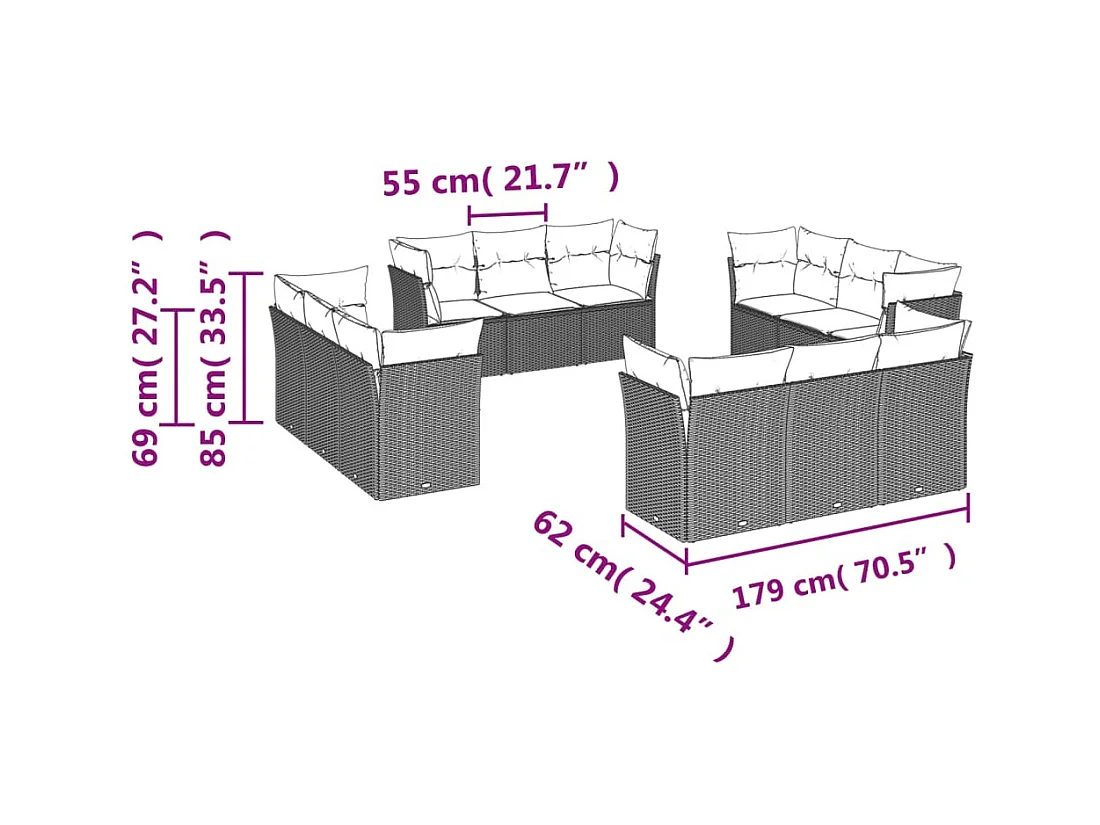 Salon de jardin avec coussins 12 pcs marron résine tressée