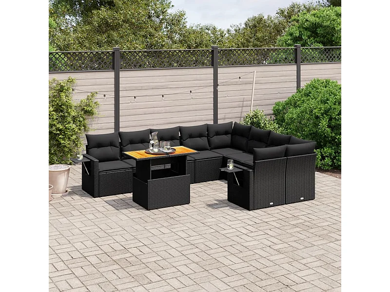 Salon de jardin 10 pcs avec coussins noir résine tressée