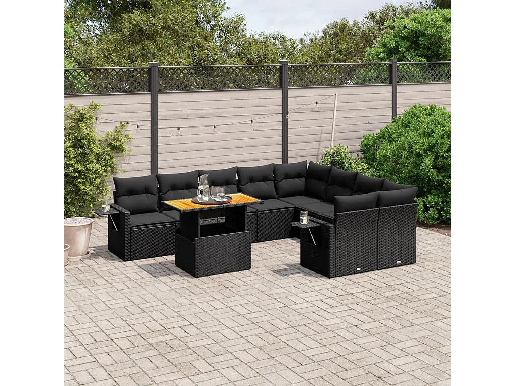 Salon de jardin 10 pcs avec coussins noir résine tressée
