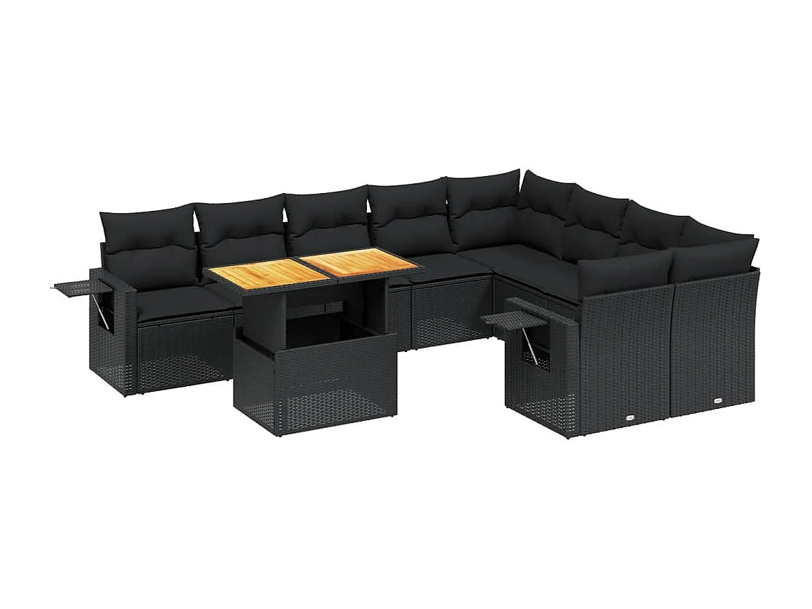 Salon de jardin 10 pcs avec coussins noir résine tressée