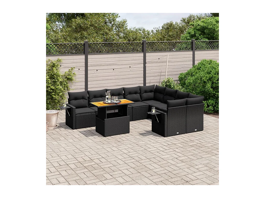 10-delige Loungeset met kussens poly rattan zwart