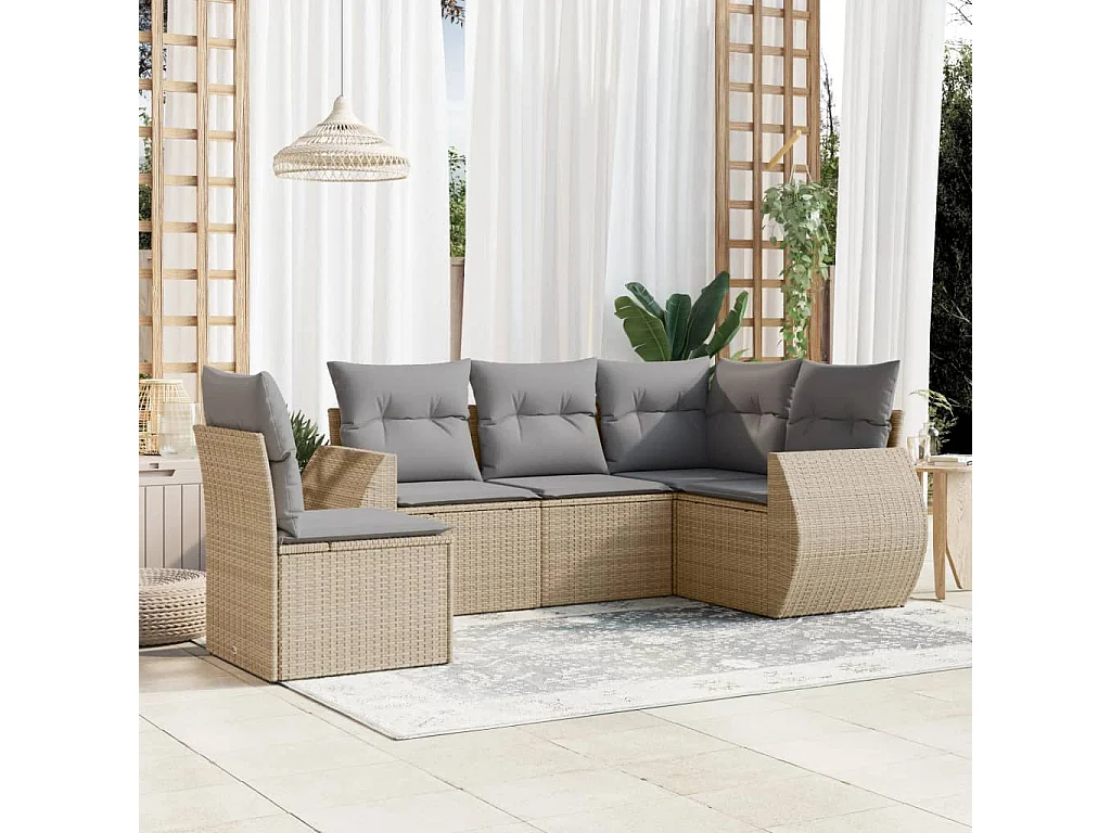 Set Divano da Giardino 5 pz con Cuscini Beige in Polyrattan