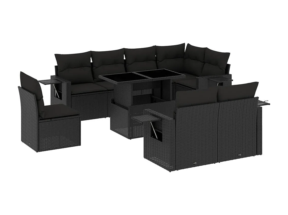 9-tlg. Garten-Sofagarnitur mit Kissen Schwarz Poly Rattan