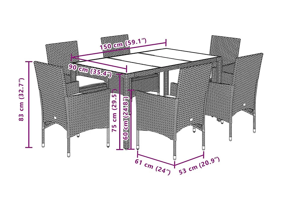 Set da Pranzo da Giardino 7 pz con Cuscini Polyrattan e Vetro
