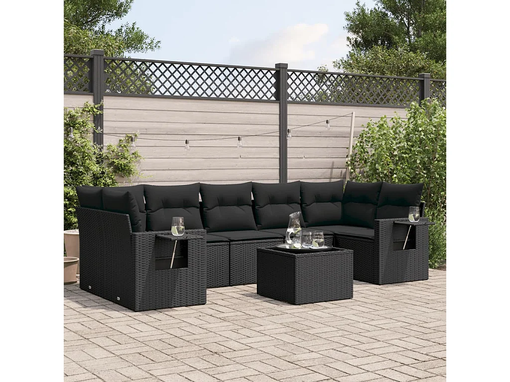 Set Divani da Giardino con Cuscini 8 pz Nero in Polyrattan