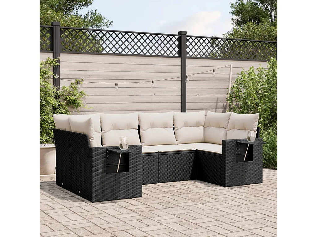6-tlg. Garten-Sofagarnitur mit Kissen Schwarz Poly Rattan