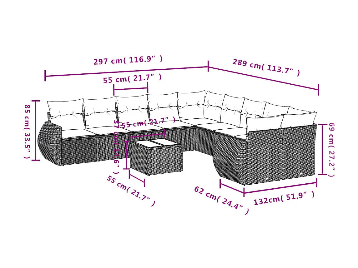 11 pcs conjunto sofás de jardim c/ almofadões vime PE bege