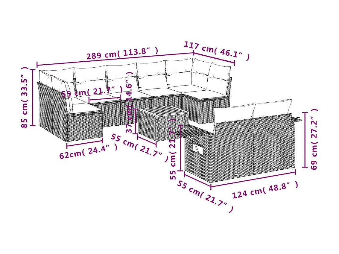 10-tlg. Garten-Sofagarnitur mit Kissen Schwarz Poly Rattan