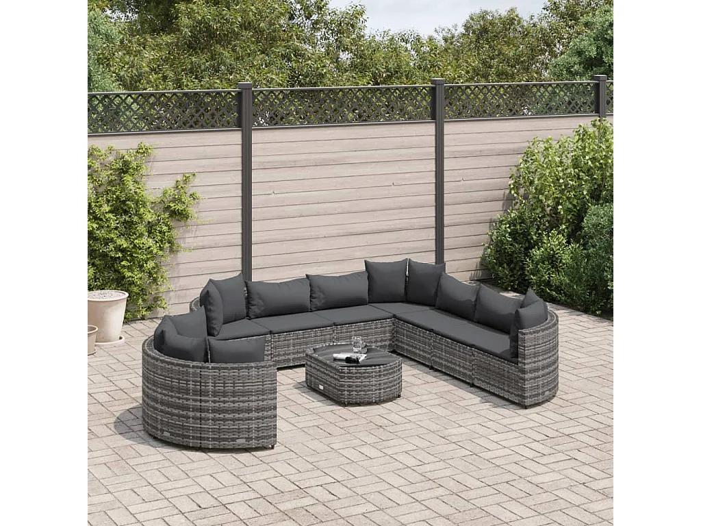 Set Divano da Giardino 10 pz con Cuscini Grigio in Polyrattan
