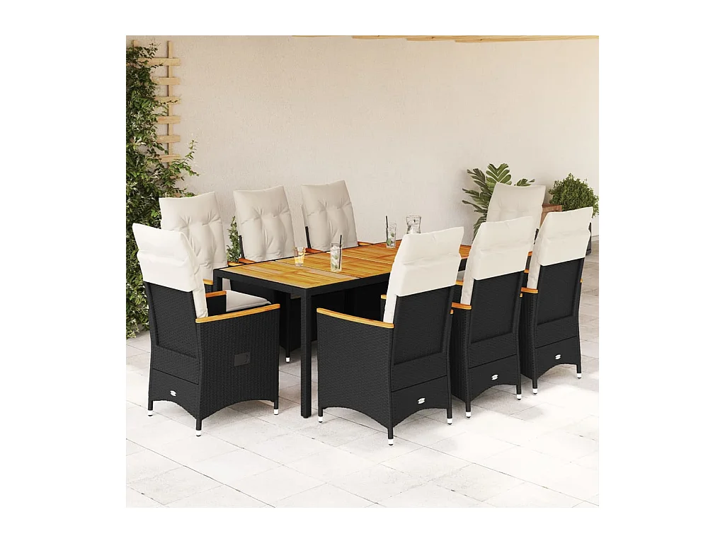 Ensemble à manger de jardin 9pcs coussins noir résine tressée