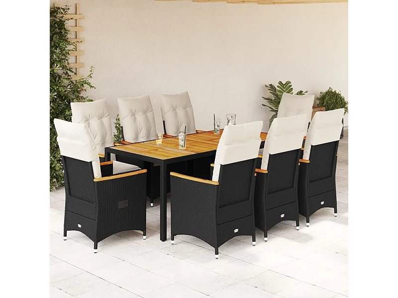 Ensemble à manger de jardin 9pcs coussins noir résine tressée