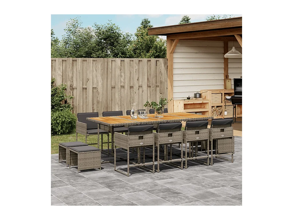 Ensemble à manger de jardin coussins 13 pcs gris résine tressée