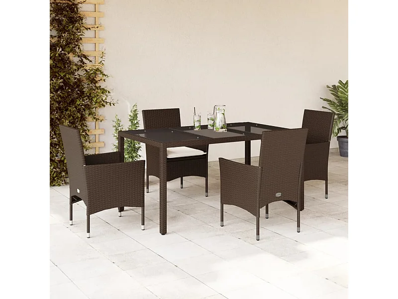 Set da Pranzo da Giardino 5pz con Cuscini Polyrattan e Vetro