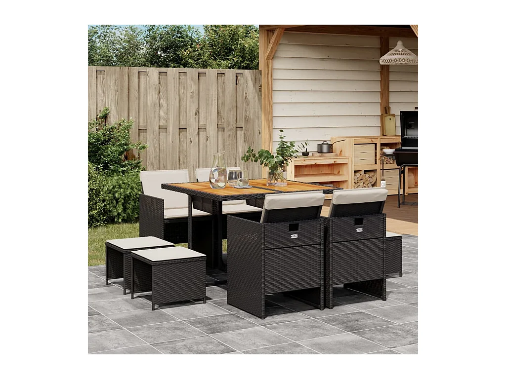 Ensemble à manger de jardin 9pcs coussins noir résine tressée