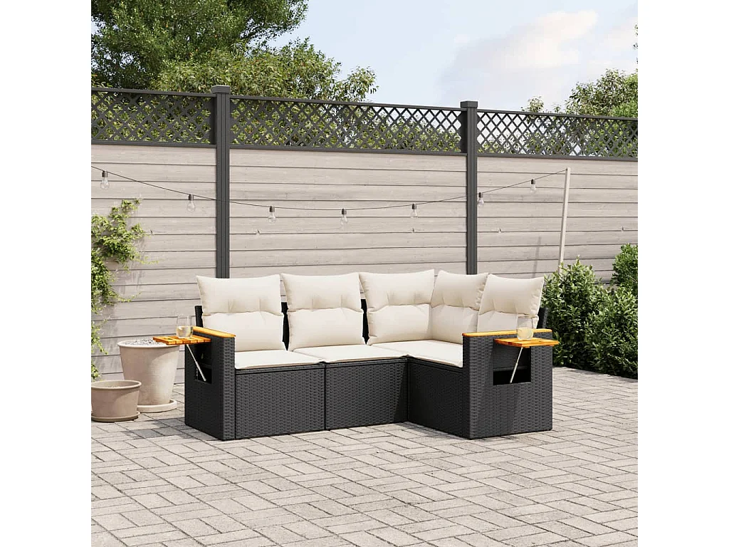 4-tlg. Garten-Sofagarnitur mit Kissen Schwarz Poly Rattan