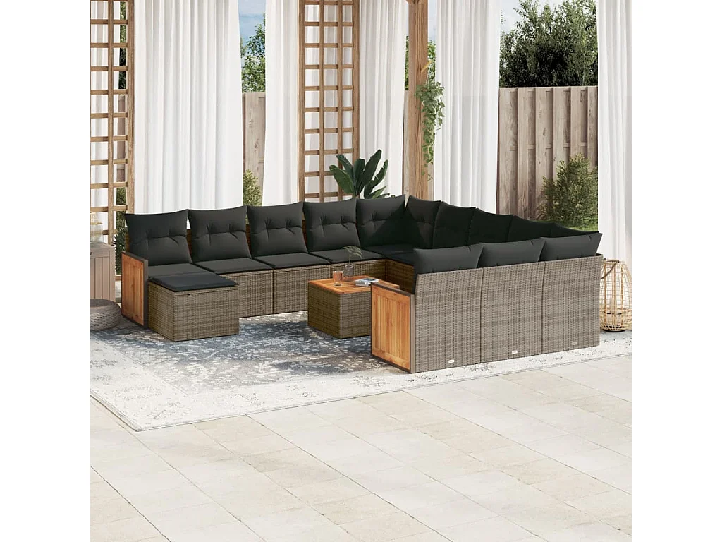 Salon de jardin avec coussins 13 pcs gris résine tressée
