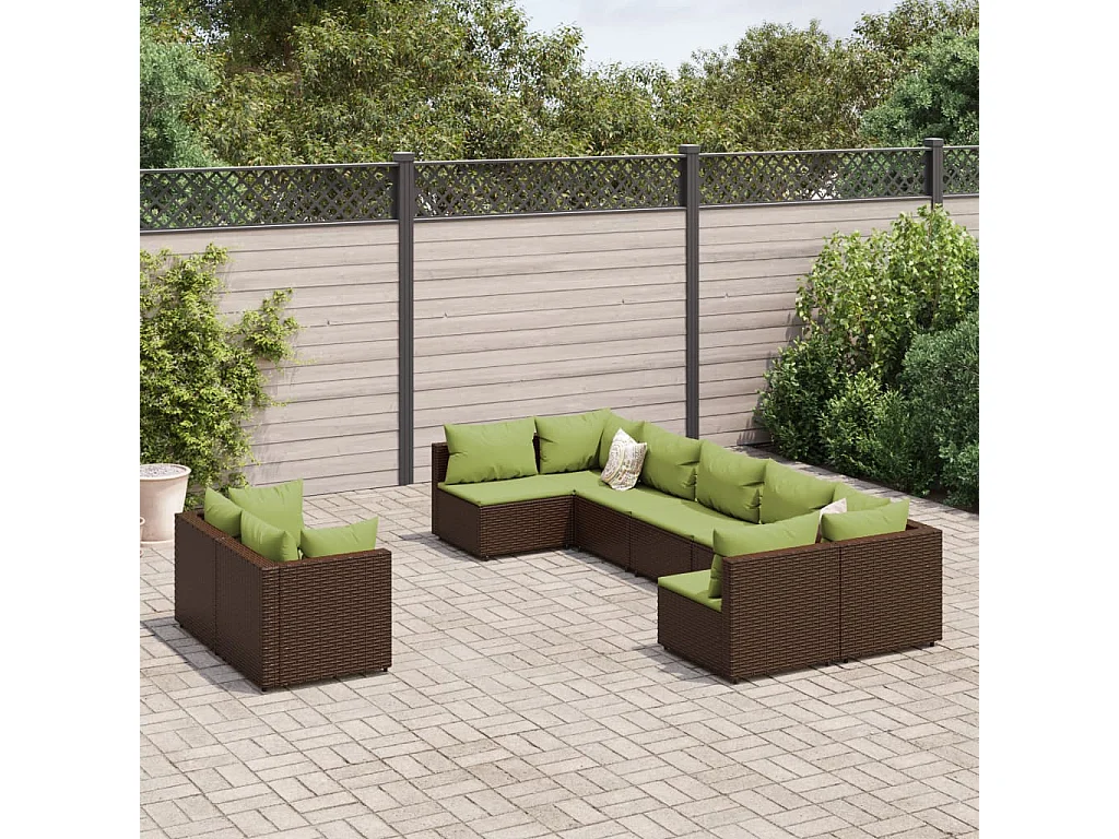 Salon de jardin avec coussins 9 pcs marron résine tressée