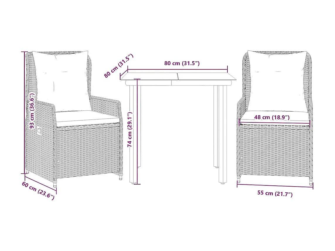 Set da Pranzo da Giardino 3 pz con Cuscini in Polyrattan Grigio