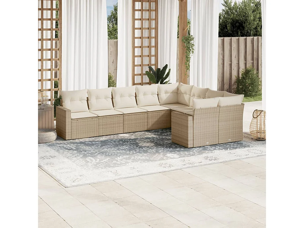 Salon de jardin avec coussins 9 pcs beige résine tressée
