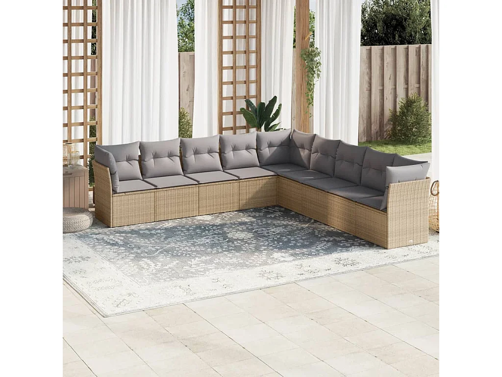 9-delige Loungeset met kussens poly rattan beige
