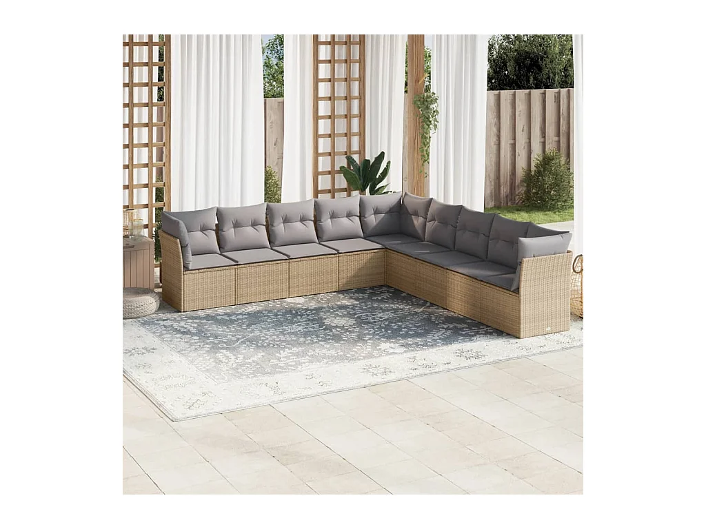 Set Divano da Giardino 9 pz con Cuscini Beige in Polyrattan