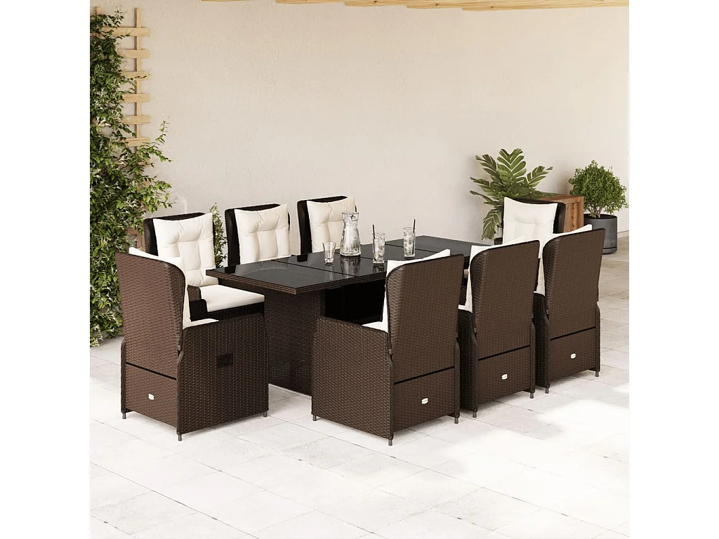 Set comedor para jardín 9 pzas y cojines ratán sintético marrón