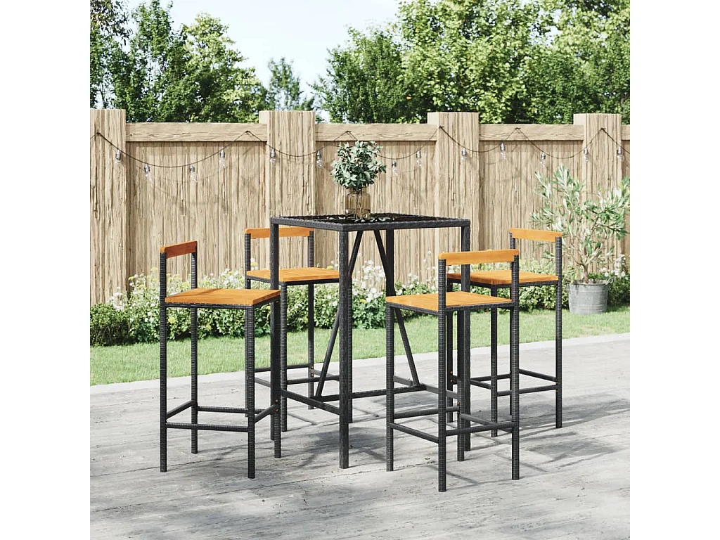 Ensemble de bar jardin 5 pcs noir poly rotin/bois massif acacia