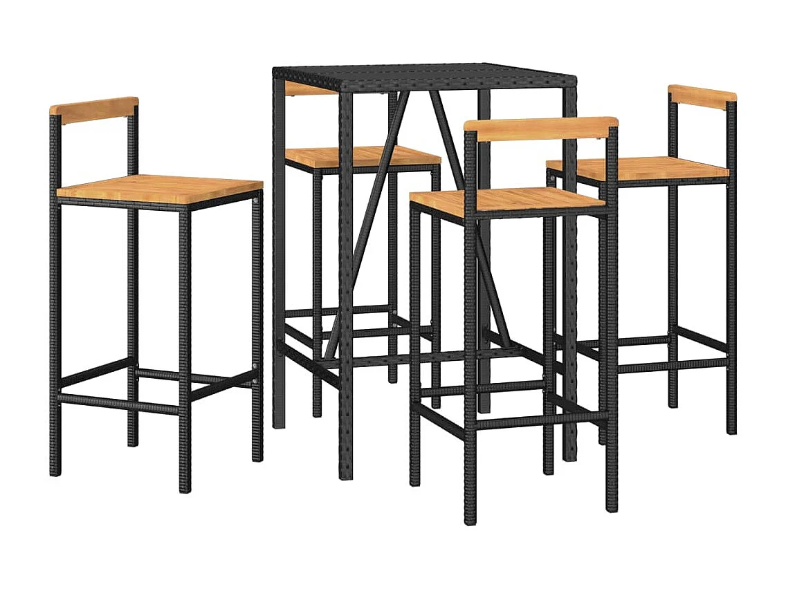 Ensemble de bar jardin 5 pcs noir poly rotin/bois massif acacia