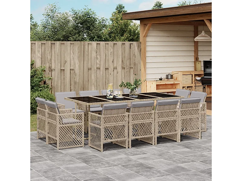 Set Pranzo da Giardino 13 pz con Cuscini Beige Misto Polyrattan
